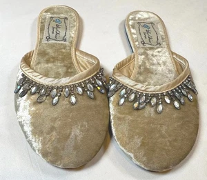 Blue Chic Lounge Rhinestone Flats Size 5/6 Shoes  Gold Crushed Velvet Slippers  - Picture 1 of 10