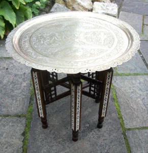 ANTIQUE INDIAN INLAID FOLDING SIDE TABLE WITH BRASS TRAY TOP - Picture 1 of 9