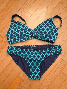 Land's End zweiteilige marineblau türkis geometrische Bademode Größe 12 verstellbar Bügel Top - Bild 1 von 7