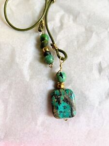 Turquoise Stone on Leather Cord Necklace 90s Jewelry