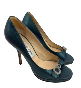 Jimmy Choo Size 7.5 Dark Green Suede Leather Peep Toe High Heels Embellishment - Picture 1 of 22