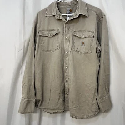Camisa de Trabajo Carharrt FR TALLA L Perla Frontal A Presión Envejecida Bien Usada Agujeros Manchas Foto 1 de 4