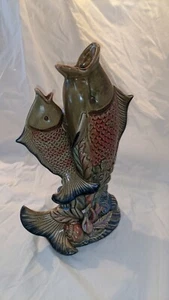 ANTIQUE FRENCH PALISSY MAJOLICA DUAL FISH THOMAS SERGENT? VASE 1880 PITCHER - Picture 1 of 10