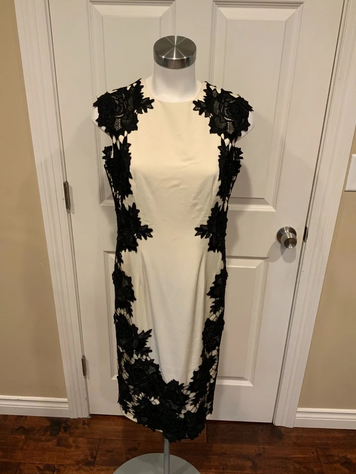 Vestido midi Lela Rose crema sin mangas con encaje floral negro, talla 8 (EE. UU.) Foto 1 de 4