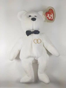 TY Beanie Baby Babies Wedding Anniversary Mr. White Gold Rings Bear Plush Toy - Picture 1 of 4