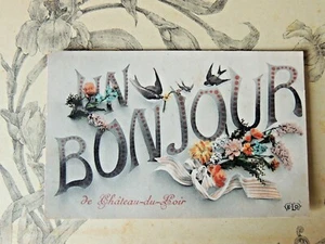 Carte Postale ancienne fantaisie Un Bonjour de Château-du-Loir oiseau hirondelle - Imagen 1 de 2
