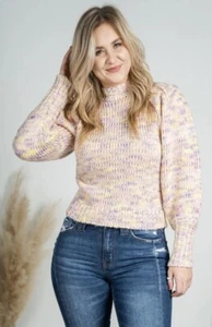Puff Sleeve Multi Yarn Sweater Pink Multi Color Size Small. New With Tags! - Picture 1 of 5