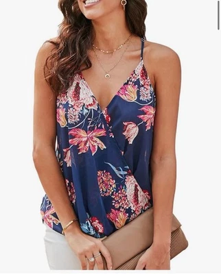 Camiseta sin mangas con tirantes de espagueti cuello en V suelta cami estampado floral cortina frontal  Foto 1 de 4