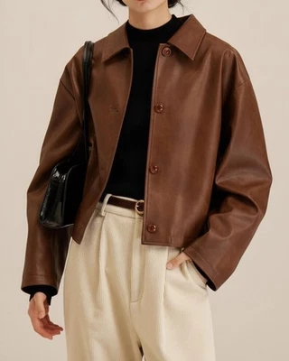 手工棕色真皮短外套:简约纽扣外套 — 第 1/4 张图片