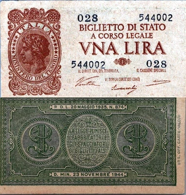 Italy 1 Lire 1944 XF-AU Pick-29B - Image 1 of 2