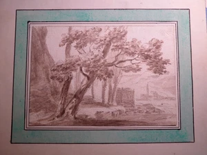 Ecole FRANCAISE XVIII BEAU DESSIN LAVIS ENCRE PAYSAGE ITALIE ROME ARBRES 1780 - Imagen 1 de 8
