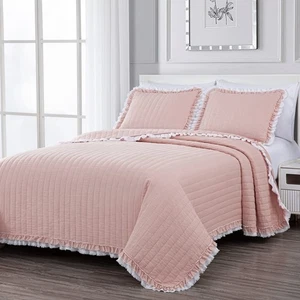 Bonnie 3-Piece 100% Cotton Quilt Set King Size, Blush - Double Frayed Ruffled... - Picture 1 of 9