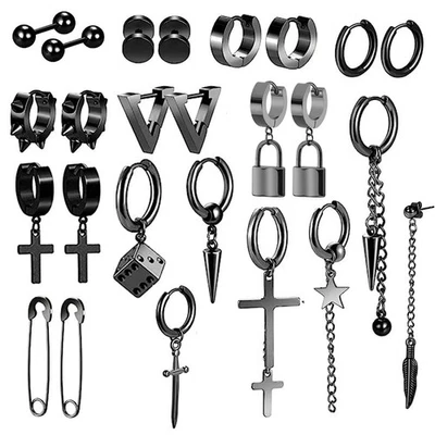 25pcs Set Men Earrings Set Black Stainless Steel Cross Hoop Ear Stud Jewelry - Image 1 of 4