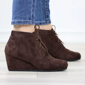 Ankle Boots Wedge Heel Faux Suede Round Toe Lace Up Brown Casual Shoe - Picture 1 of 12
