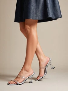 Damenschuhe durchsichtige Absatz-Sandalen transparent eckige Zehenpartie rückenfrei Blockpumps - Bild 1 von 8