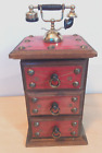 Vintage Jewellery Wooden Drawer Music Box Old Telephone Leather Top & Front