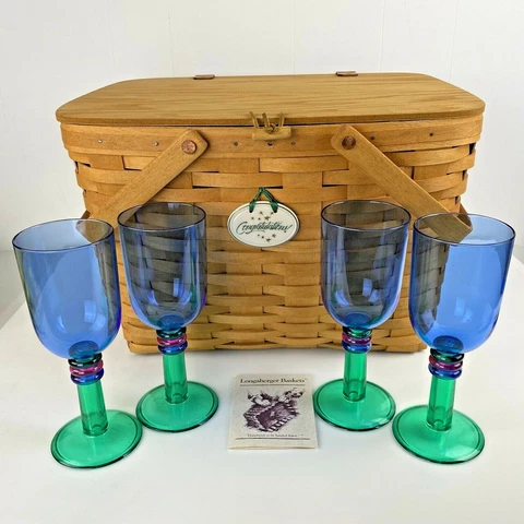 LONGABERGER PICNIC BASKET Large 2 Handle Riser Liner Lid Wine Glasses Vintage Cover