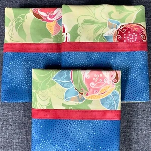 3 Homemade Floral Pillowcases Blue Border Red Trim Standard/Queen - Picture 1 of 5