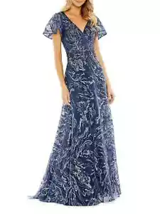 Mac Duggal Navy Blue Embroidered Embellished Flutter Sleeve Gown Size 4 $798 - Picture 1 of 3