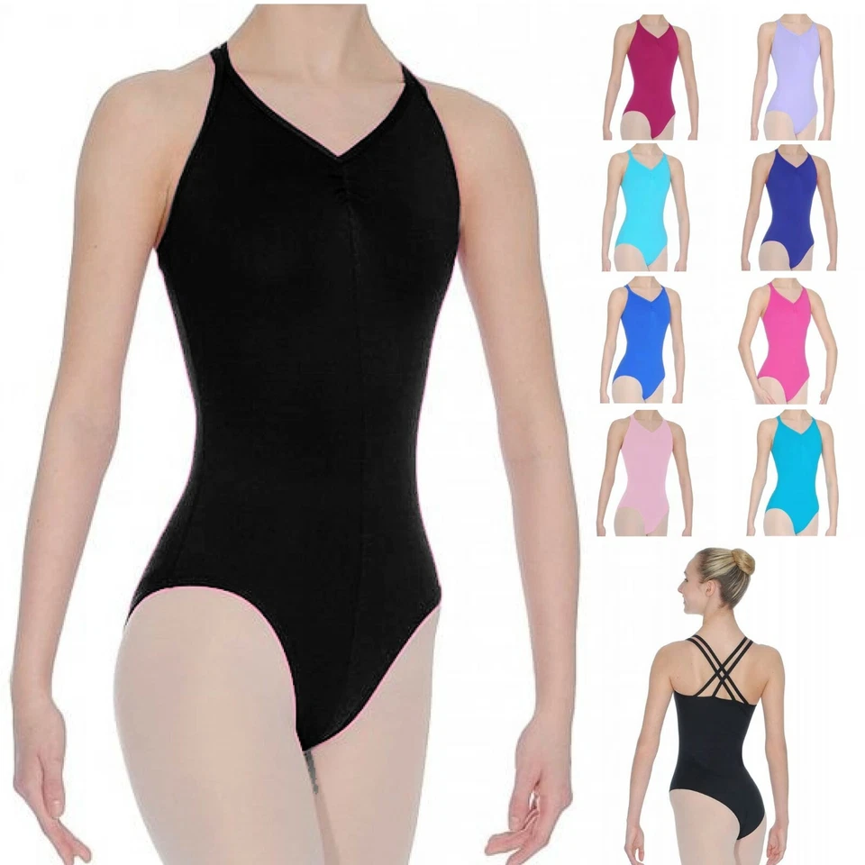 NEW LADIES GIRLS CROSS OVER STRAPPY RUCHED BALLET TAP GYM DANCE LEOTARD RVADAGE - Image 1 of 1