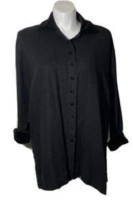 Liv Womens Linen Top Black Button Down Velour Collar and Cuffs Oversized Fits 1X - Picture 1 of 12
