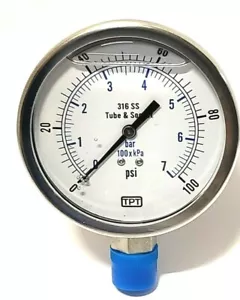 Gauge 4" Face S/S Case 0-100 PSI/KPA/BAR 1/2" NPT S/S Lower Filled 118er20 - Picture 1 of 3