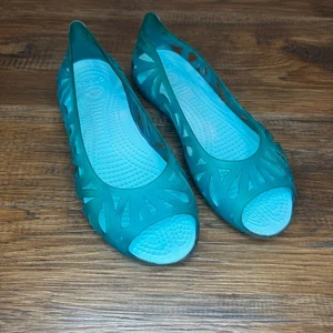 Crocs Women’s Adrina Green Teal Rubber Jelly Flat Size 6 peep toe  - Picture 1 of 8