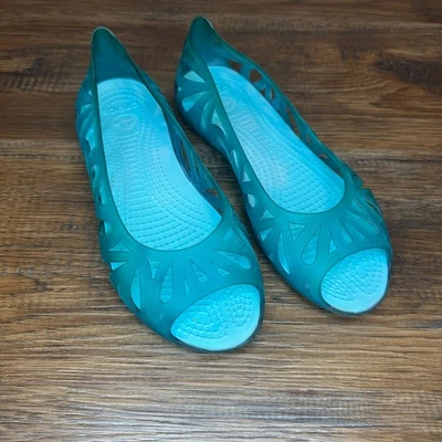 Crocs Women’s Adrina Green Teal Rubber Jelly Flat Size 6 peep toe  - Image 1 of 4