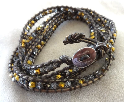 VICTORIA EMERSON WRAP BRACELET BLACK SILVER GOLD BEADS METALLIC 33-35" GUC - Image 1 of 4