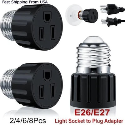 E26/E27 Light Socket to Plug Adapter 2/3 Prong Light Bulb Outlet Adapter 1-8Pcs - Image 1 of 4