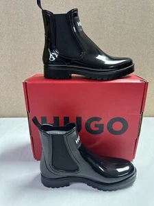 New HUGO Boss Women’s Tabita Rain Bootie - Glossy Chelsea Black Boots - US 7 - Picture 1 of 21