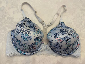 Maidenform 34C One Fab Fit Full Cov Racerback Front Close Bra Blue Floral Lace