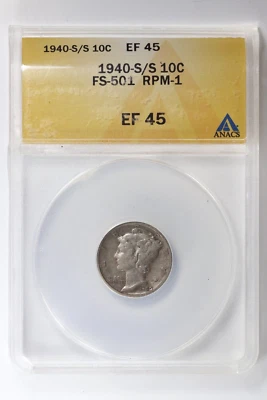 1940-S/S Mercury Silver Dime ANACS EF45 XF45 FS-501 RPM-1 10c - Image 1 of 4