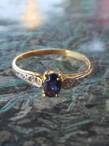 Iolite Labcreated Oval Cut Ring 10kt Solid Yellow Gold  - Picture 1 of 12