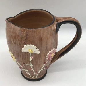 Vtg Italian Pottery Pitcher Hand Painted Raised Relief Icing Flowers Wood Look - Picture 1 of 7