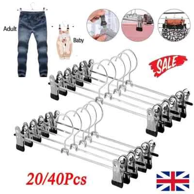 20-80 Stck. Starke Metallclips Kleiderbügel Chrom Kleidung Mantel Hose Rock Ständer UK - Bild 1 von 4