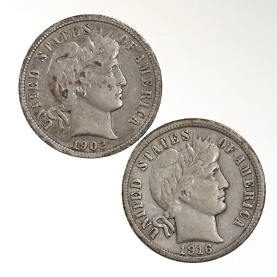 2 Pack 1902 1916 Barber 10C US Minted Silver Dime Coin Lot - Image 1 of 2