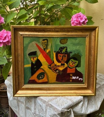 Los conspiradores. Fecha 1957. Raro óleo expresionista danés de mediados de siglo. Foto 1 de 4