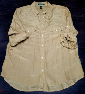 Vintage Ralph Lauren Shirt Gold Silk Blend Button Up 3/4 Sleeves Top Blouse XL - Picture 1 of 3