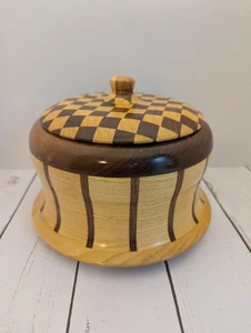 Hand Turned Wood Round Box With Lid Signed Charles E Schaefer Checkerboard - Picture 1 of 9