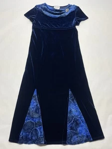 VTG Royal Blue Velvet Paisley Peekaboo Broach Cowl Neck Dress Girls 16 Formal - Picture 1 of 21