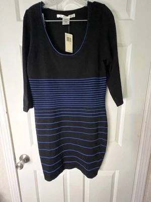 NWT $128 Max Studio Sweater Dress Women’s Blue Black Striped Sheath L Large - Image 1 of 4