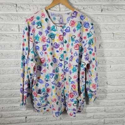 Valentines Day Peaches Scrub Top 2XL Plus Heart Long Sleeve Pockets Button Up - Image 1 of 4