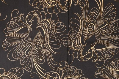 35"L x 42"W Hoffman Fabric Holiday Splendor Flowing Birds Shiny Gold on Black - Image 1 of 4