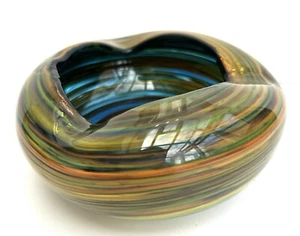 Hand Blown Glass Ashtray Bowl Trinket Holder Multicolour Swirl Studio Art Retro - Picture 1 of 8