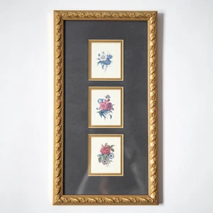 Vintage Triptych Miniature Floral Botanical Prints Gold Framed & Matted 8" x 15" - Picture 1 of 8