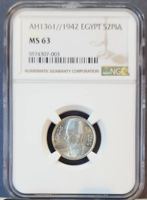 1942 EGYPT SILVER 2 PIASTRES S2PIA KING FAROUK NGC 63 BEAUTIFUL COIN AH1361 - Image 1 of 3