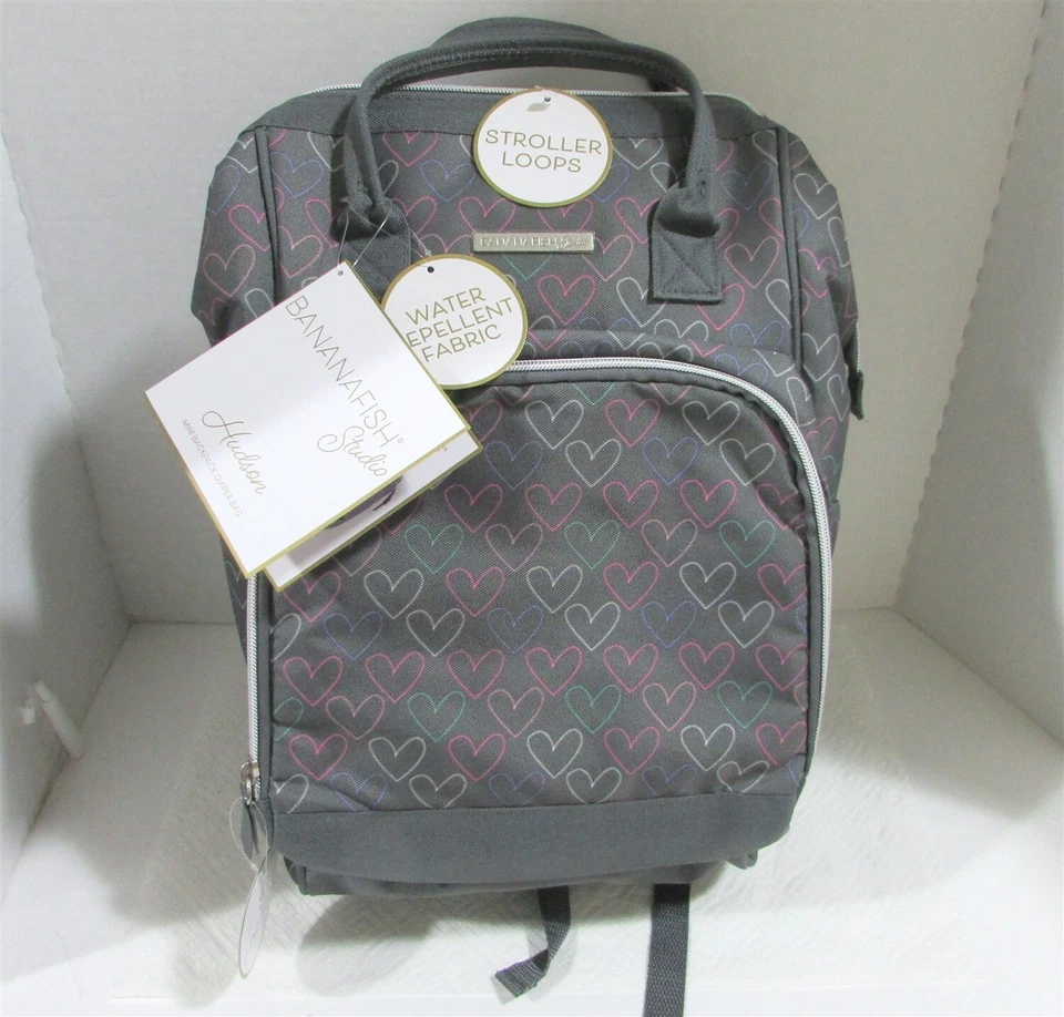Bananafish Gray Hearts Mini Backpack Diaper Bag Pink inside