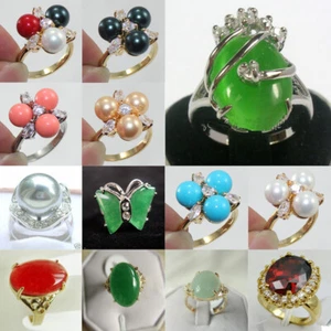 Green Jade Ring Pearl Agate Aventurine Rings 18K Gold Plated Party Jewelry Gifts - Picture 1 of 77