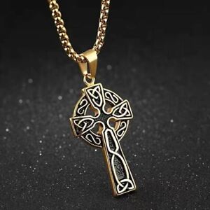 Men Stainless Steel Chain Necklace Vintage Celtic 3D Hollow Cross Pendant 0707